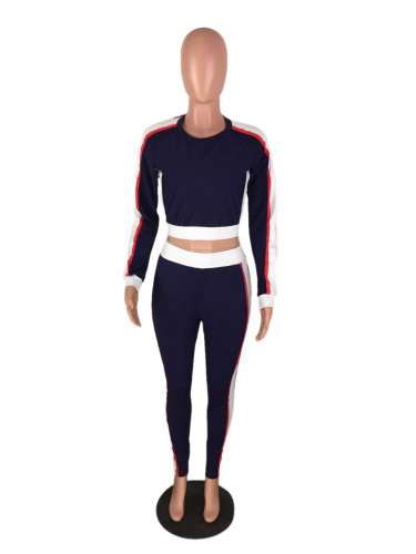 Fashion casual color contrast long sleeve trousers two-piece suit