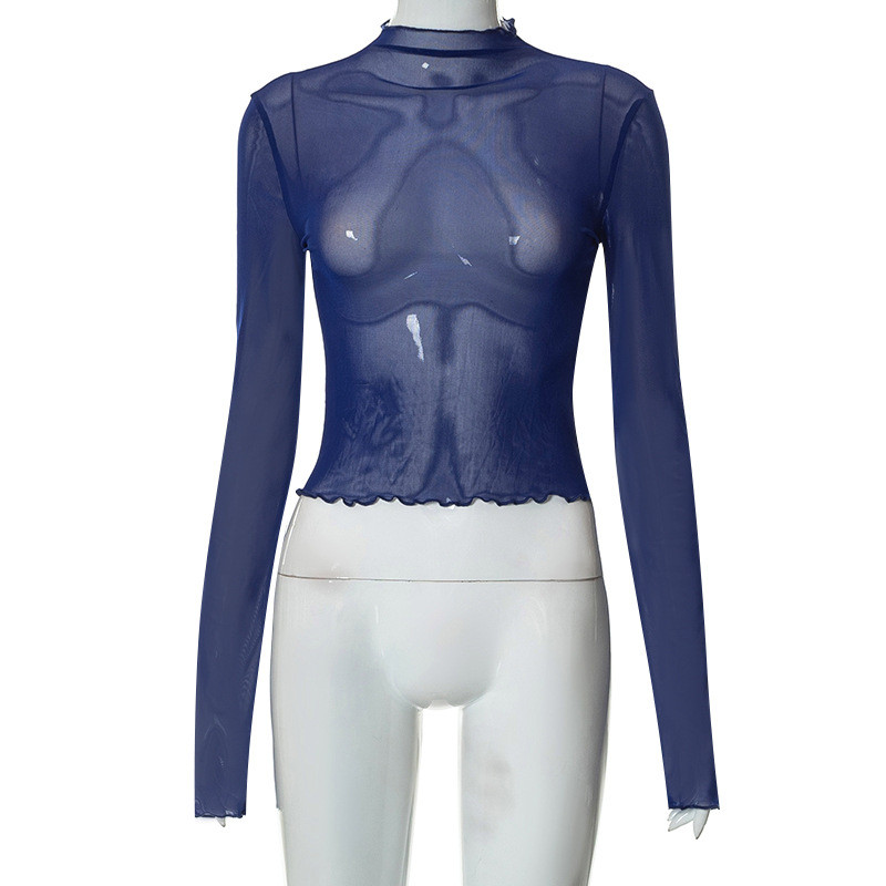 Mesh tight short open navel round neck long sleeve T-shirt