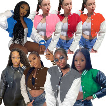 Women's long sleeve solid button coat baseball jacket women's panel color contrast sports coat