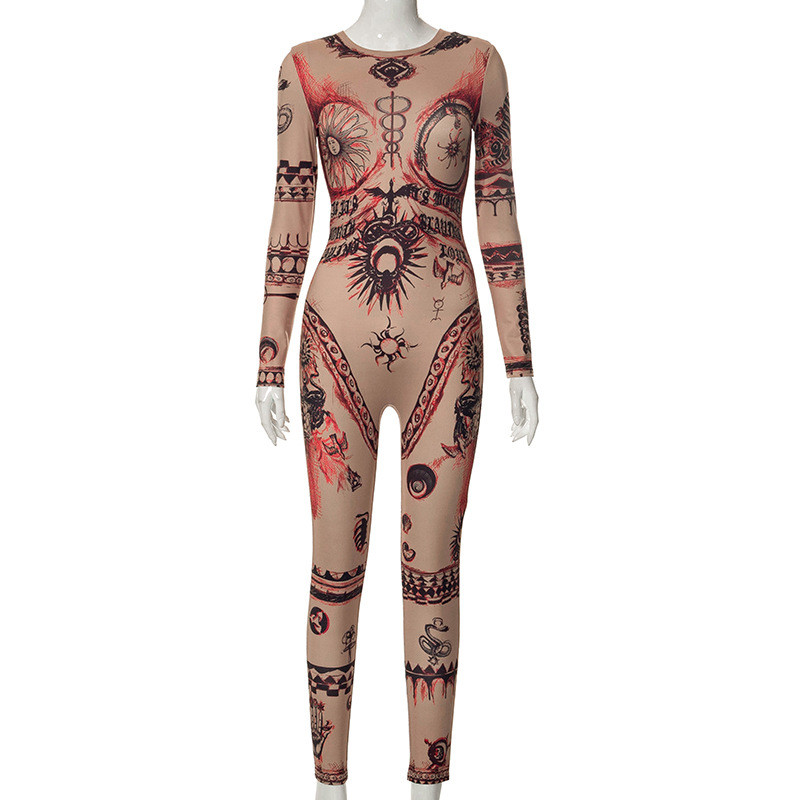 Fashionable vintage print tight hip sexy jumpsuit