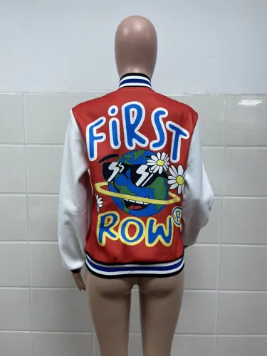 Fashion printed thread color blocking button bomber suit
