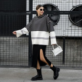 Women's high neck knitting stripe loose sweater top