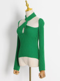 Long Sleeve Hollow Off Shoulder Solid Short Women's T-Shirt Twist Knit