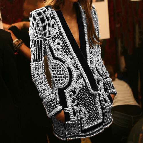 Fashion V-neck long sleeve thickened medium long suit coat