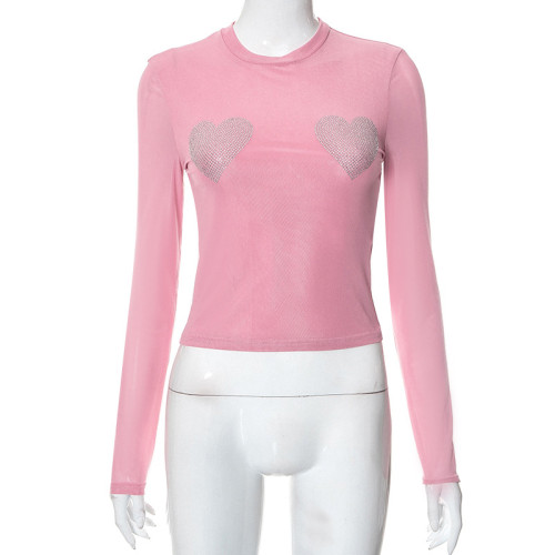 Round Neck Long Sleeve Solid Mesh Heart Hot Drill T-shirt Top