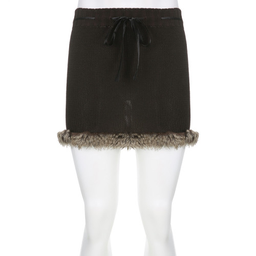 Raw edge drawstring lace up short buttocks skirt solid wool woven skirt