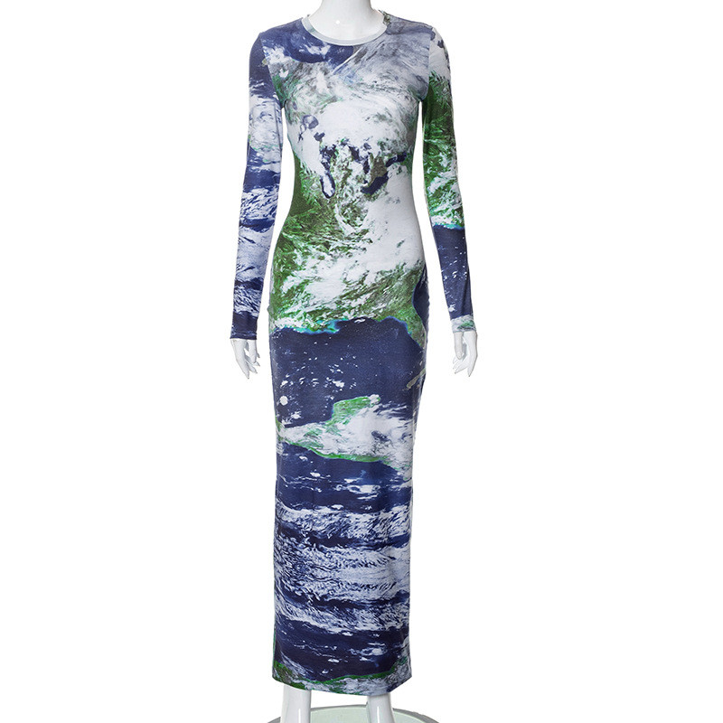 Casual Star Sky Print Round Neck Long Sleeve Slim Long Dress