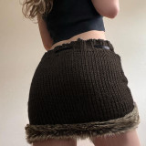 Raw edge drawstring lace up short buttocks skirt solid wool woven skirt