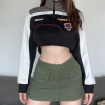 Motorcycle Irregular Design Color Contrast Splice High Neck Zip Cardigan Short Women's Sweater