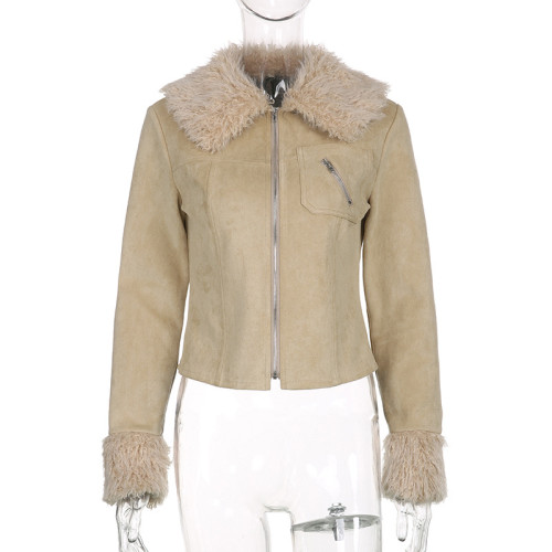 Wool Collar Suede Zipper Decorative Pocket Slim Short Coat
