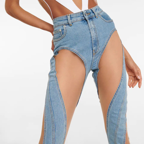 Fashionable sexy spiral mesh splicing split jeans