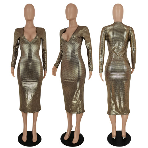 Temperament Fashion Deep V Stamping Fabric Dress