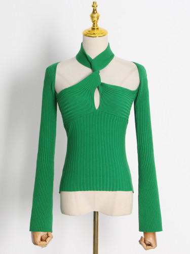 Long Sleeve Hollow Off Shoulder Solid Short Women's T-Shirt Twist Knit