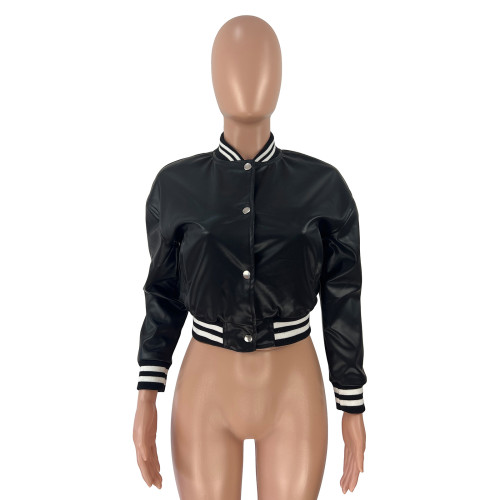 Thread stretch leather casual baseball jacket