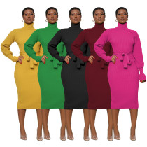 Women's solid color high neck knitted lace dress