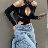 Personality hollow solid color slim sexy long neck sleeve one-piece shirt