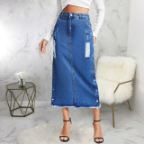 Fashion trend rivet wrap buttocks stretch denim long skirt