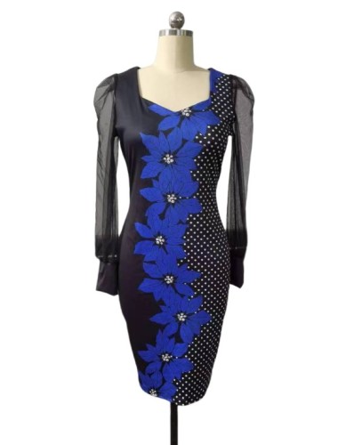 Mesh long sleeve waistband print casual mid length skirt