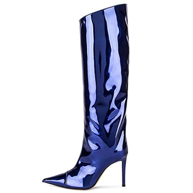 Sexy pointy toe thin heel patent leather nightclub catwalk stage high boots no more than knee high side zipper performance boots