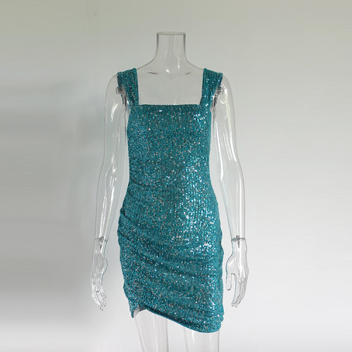 Sequins Square Neck Fashion Sexy Side Split Hip Wrap Dress Women's Dress