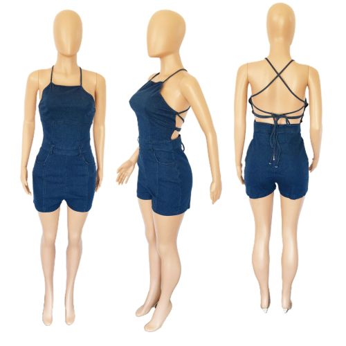 Casual fashion slim backless bandage denim jumpsuit