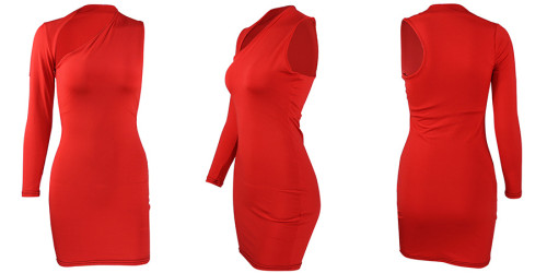 Hip wrap dress Sexy one shoulder long sleeve dress
