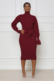 Women's solid color high neck knitted lace dress