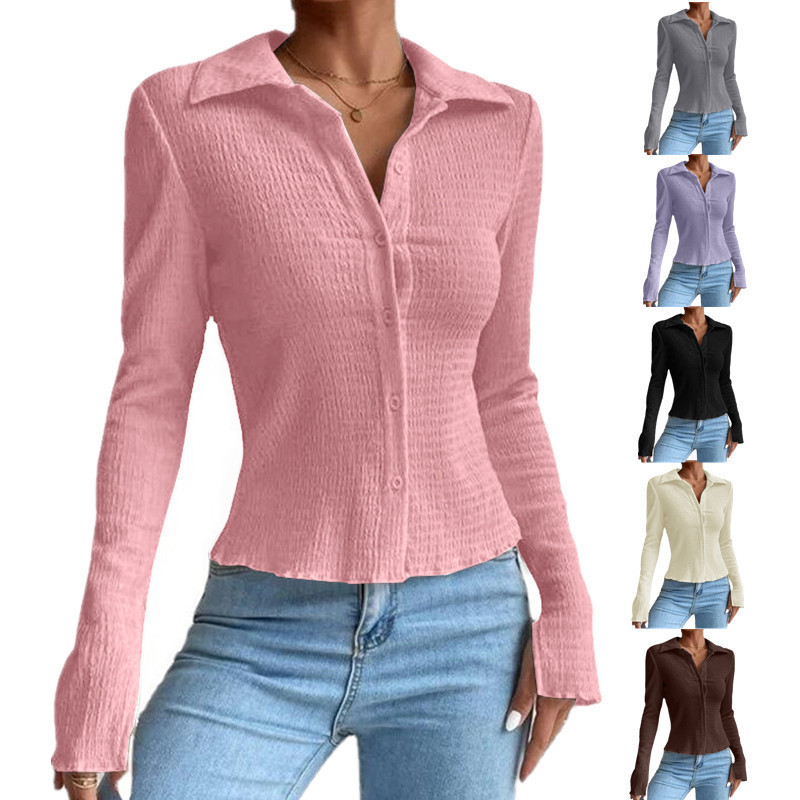 Solid color splicing sleeve split cardigan button top lapel T-shirt