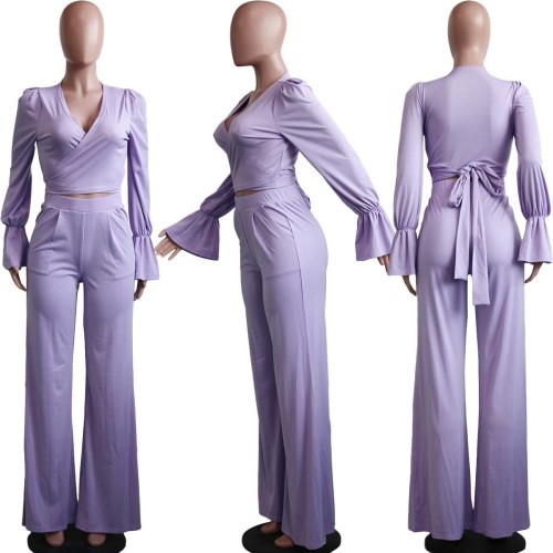 Casual Fashion Flare Sleeve Solid Two Piece Set
