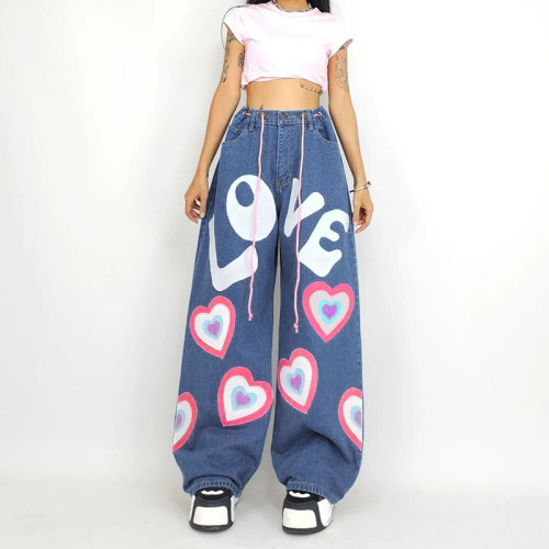 Printed Loose Slim Jeans Spice Girl Low Waist Lace up Casual Straight Pants