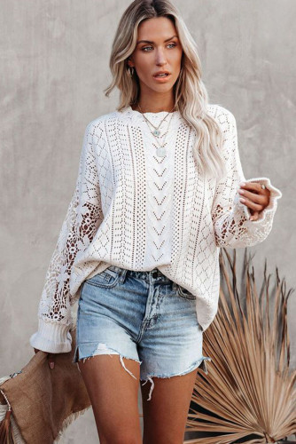 Hollow out floral long sleeve sweater loose round neck pullover