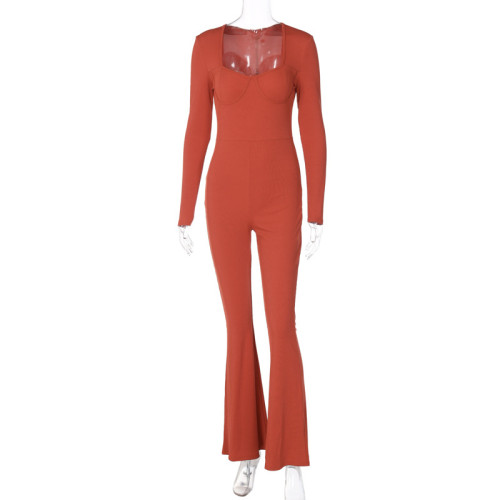 Pit strip square neck threaded long sleeve pleated flare jumpsuit