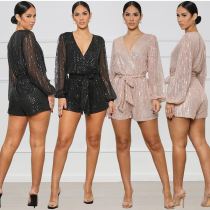 Women's sequin mesh long sleeved V-neck party jumpsuit with belt