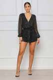 Women's sequin mesh long sleeved V-neck party jumpsuit with belt