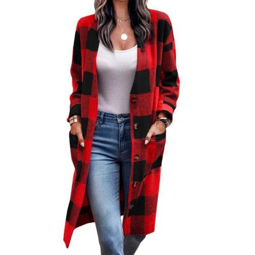 Women's loose plaid button pocket printed coat cardigan