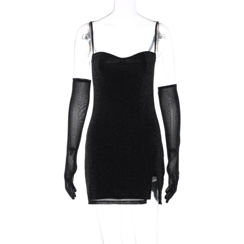 Women's bright silk long sleeve sexy suspender short skirt temperament slim dress