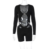 Sexy hollow exposed navel long sleeve slim hip lifting jumpsuit