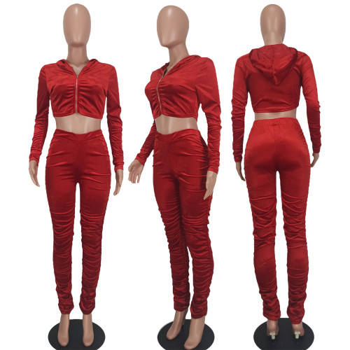 Fashion open waist dense velvet casual hood pleated two-piece set