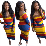 Women's fashionable colorful striped one neck long sleeve dress