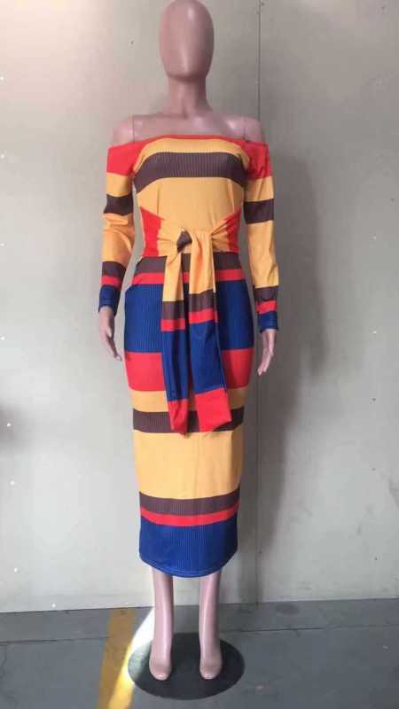 Women's fashionable colorful striped one neck long sleeve dress