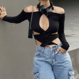 Personality hollow solid color slim sexy long neck sleeve one-piece shirt