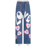 Printed Loose Slim Jeans Spice Girl Low Waist Lace up Casual Straight Pants
