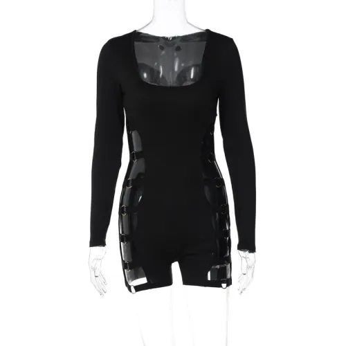 Long sleeve U-neck sexy hollow out nightclub tight elastic rubber band jumpsuit