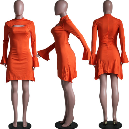 Casual Fashion Round Neck Long Sleeve Split Solid Dress