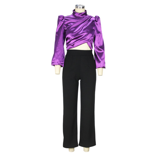 Autumn and Winter High Collar Bubble Sleeve Top Lantern Sleeve Open Umbilical Zipper Shirt