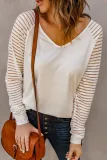 Hollow stripe long sleeve top large simple V-neck fashionable women's dress
