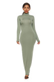 Fashion solid color long skirt long sleeve stretch fitting high neck dress