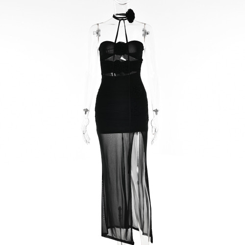 Sexy backless bodice dress Fashion split hollow perspective dress