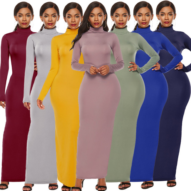 Fashion solid color long skirt long sleeve stretch fitting high neck dress