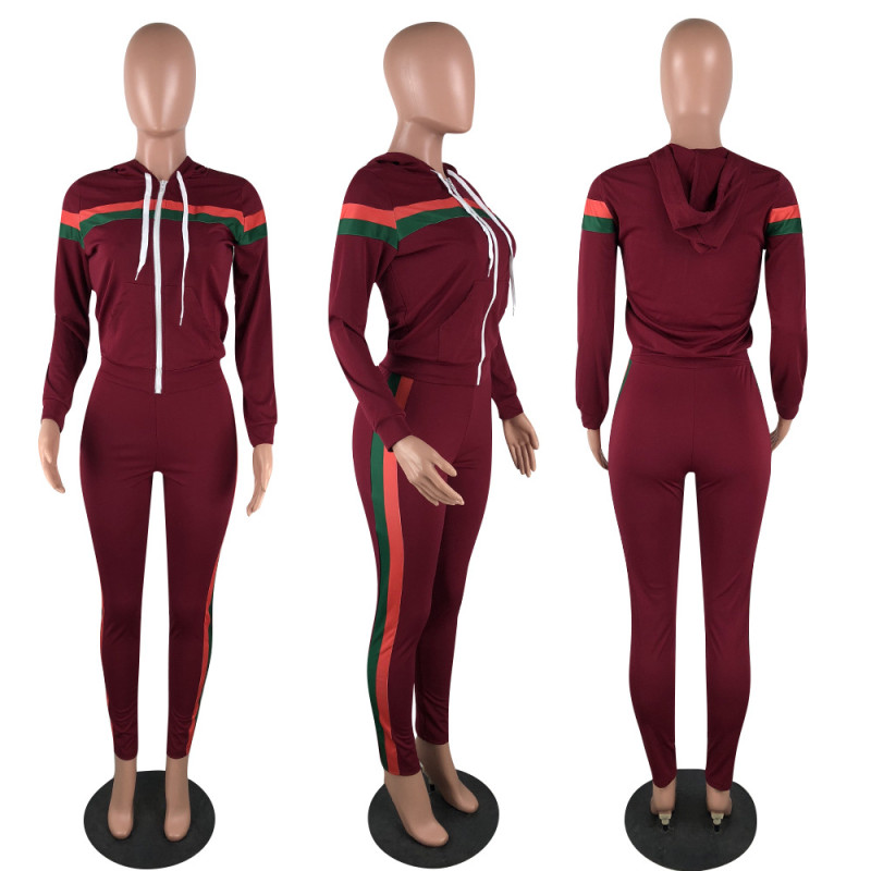 Color block splicing hooded sportswear suit two-piece set